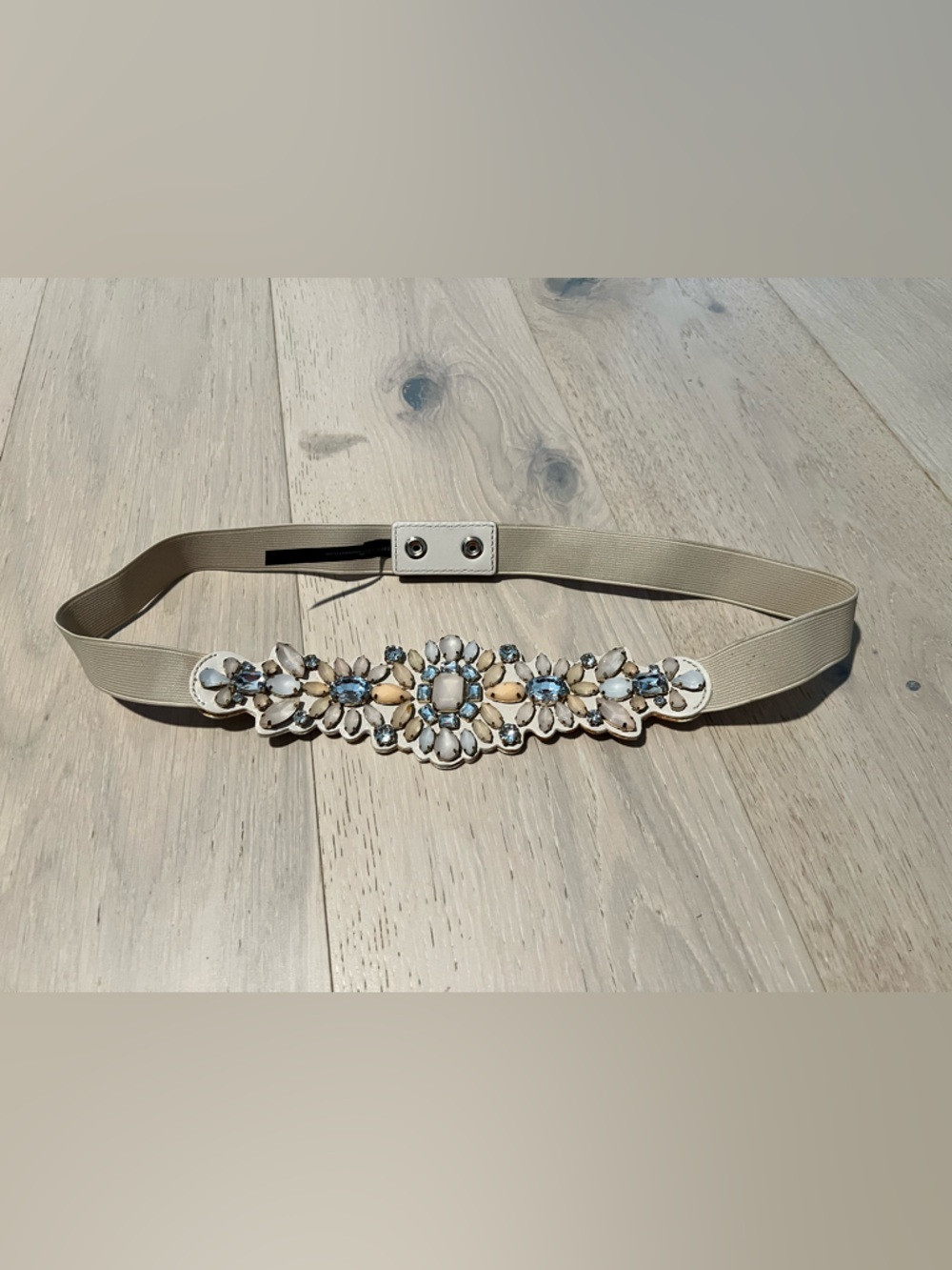 Express Beige Elastic Belt with Blue and Cream Gem Embellishments - Picture 2 of 5